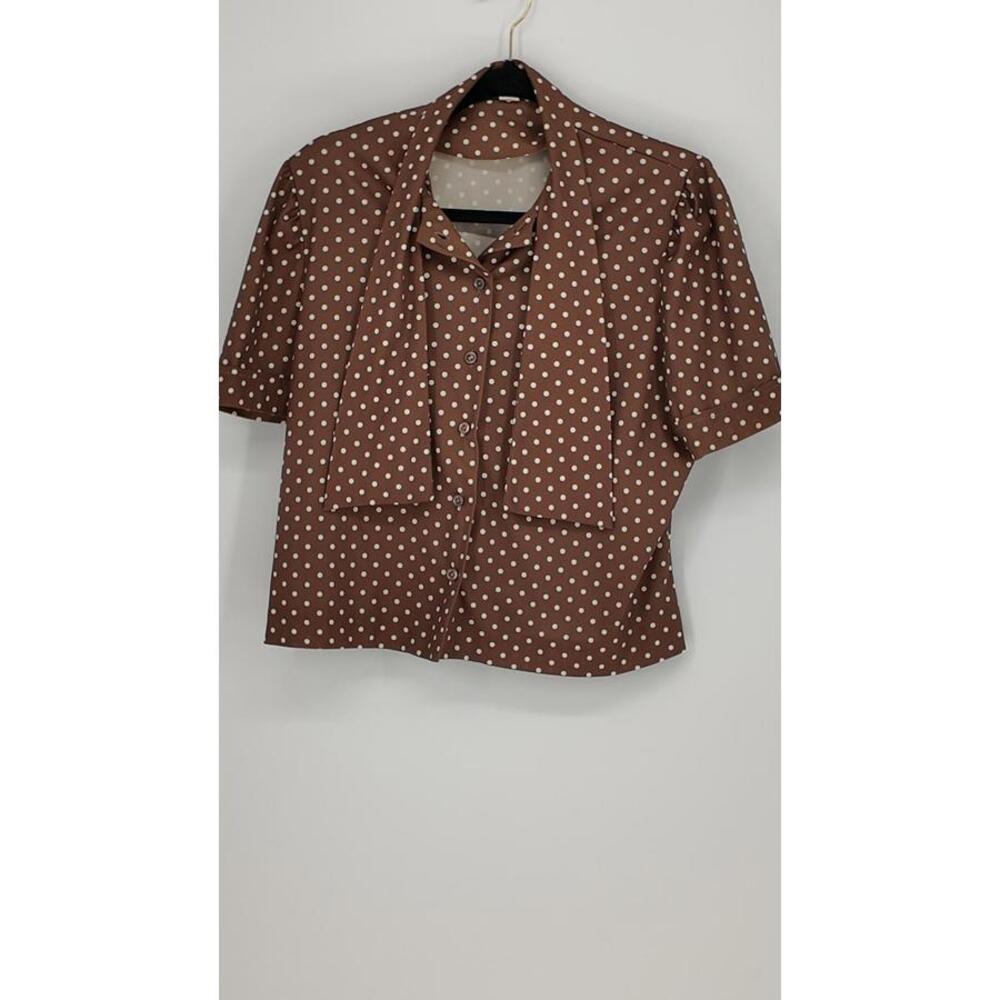 Brown Polka Dot Tie-Neck Button Down Blouse